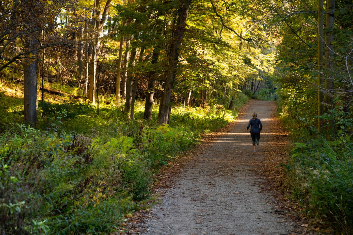 Woman running on a trail in the arb