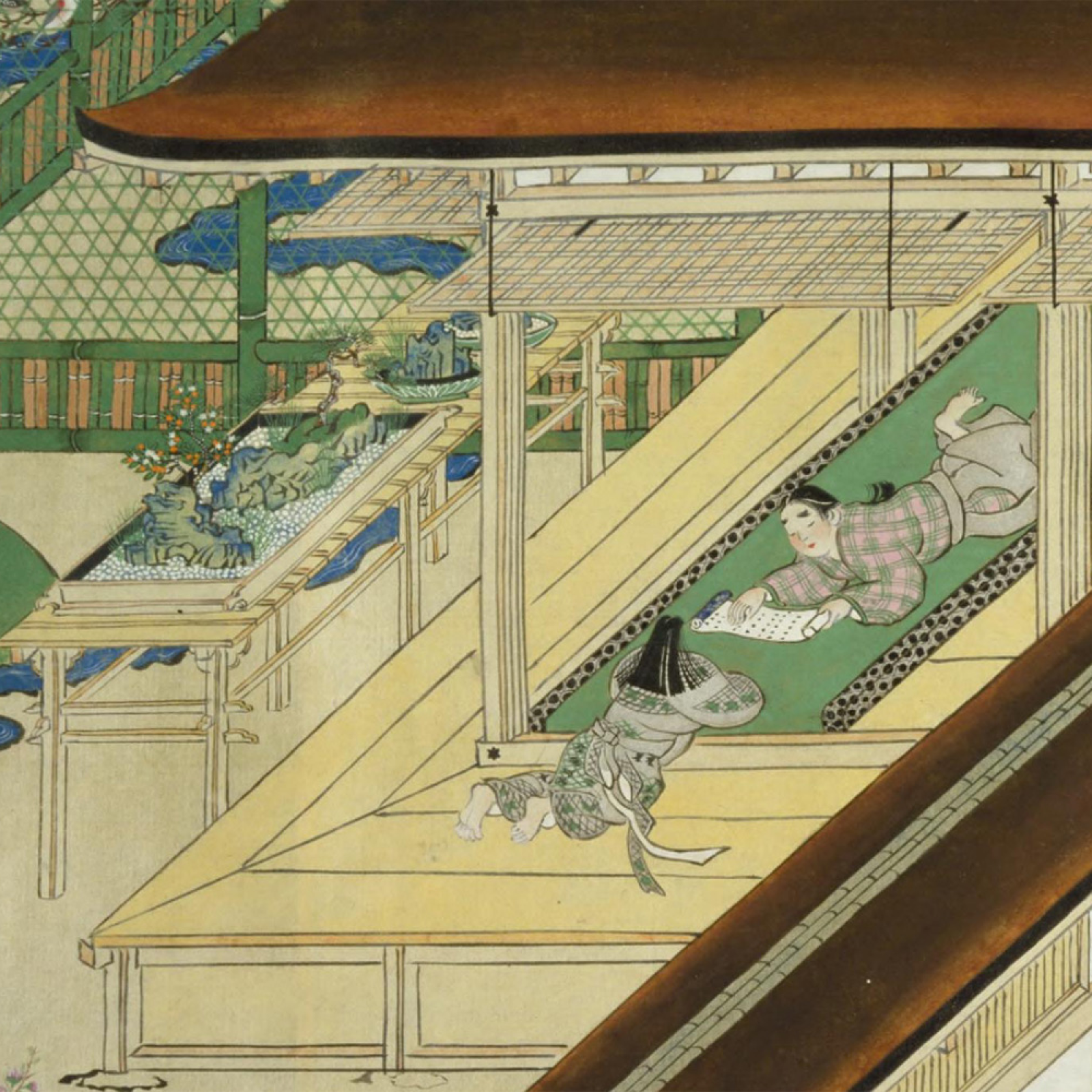 Detail of a Japanese scroll showing bonsai around 1100 A.D.