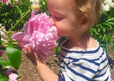 Child smelling a peony flower
