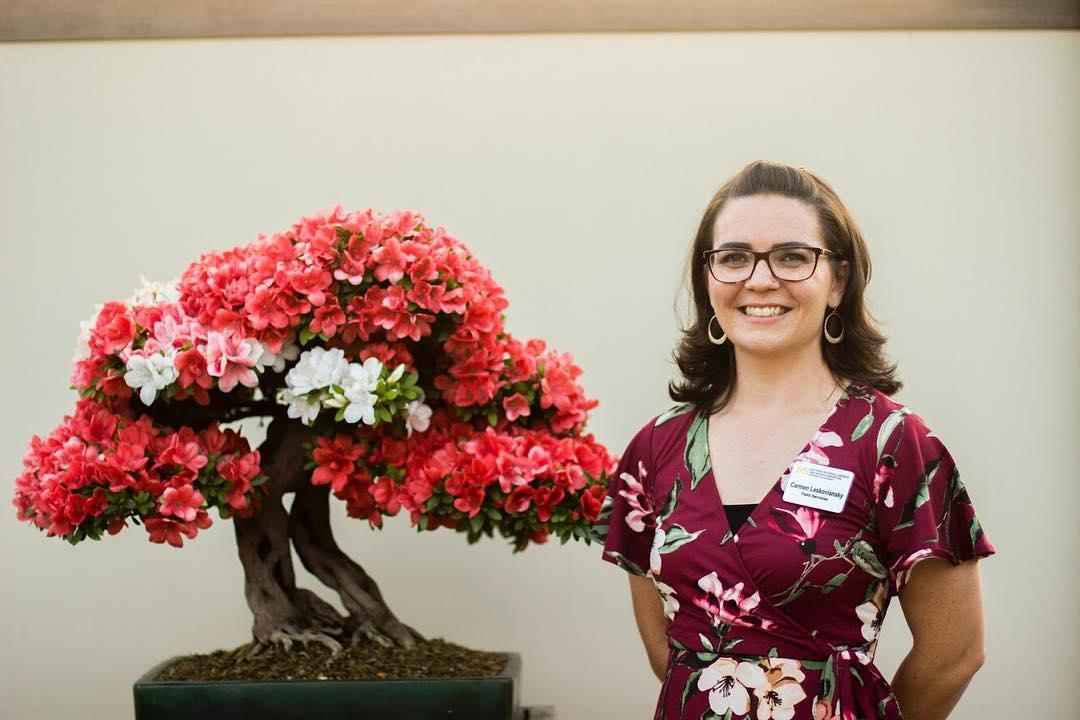 carmen stands next to a flowering azalea bonsai