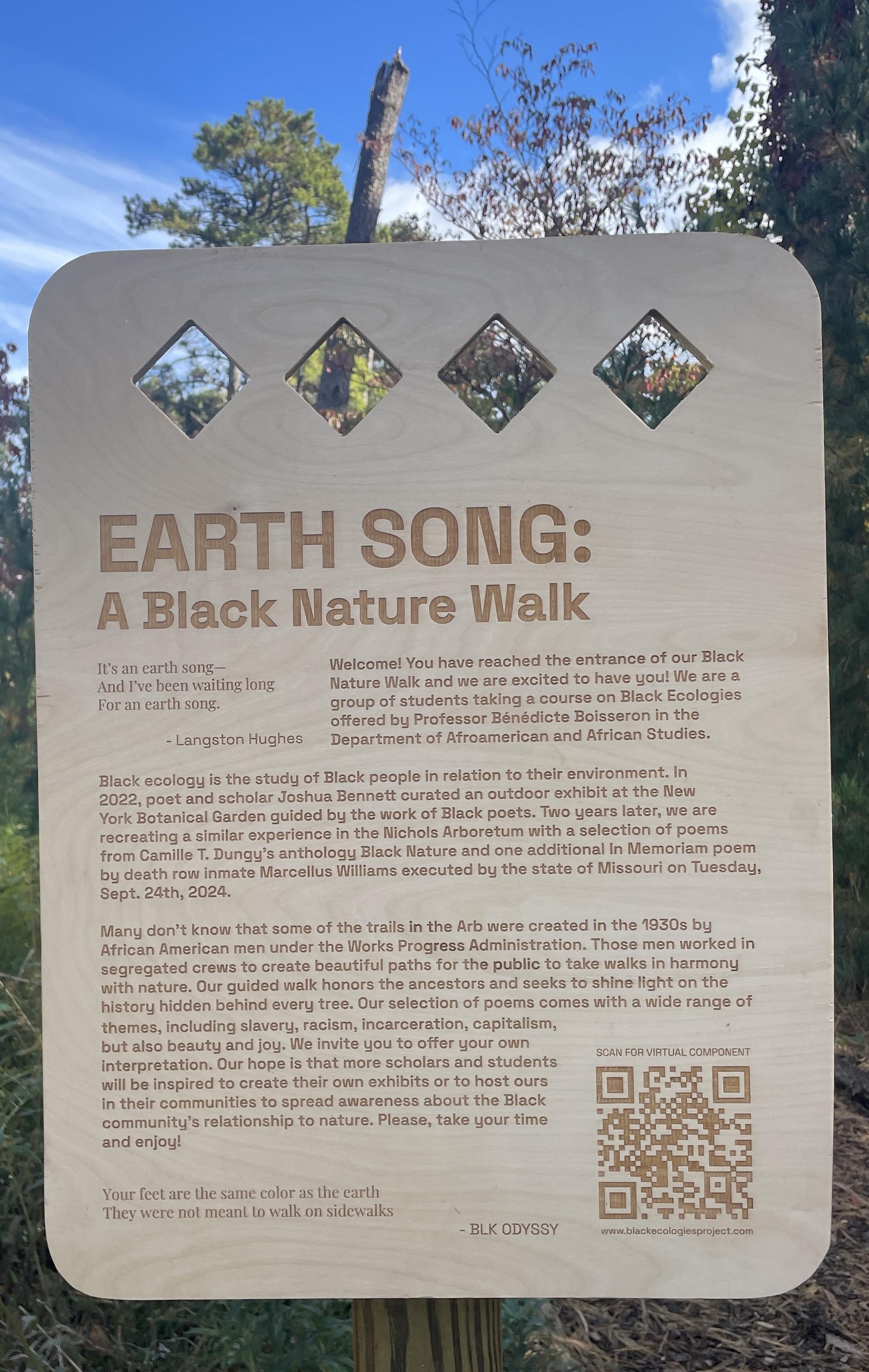 wooden sign for Earth Song: A Black Nature Walk exhibit