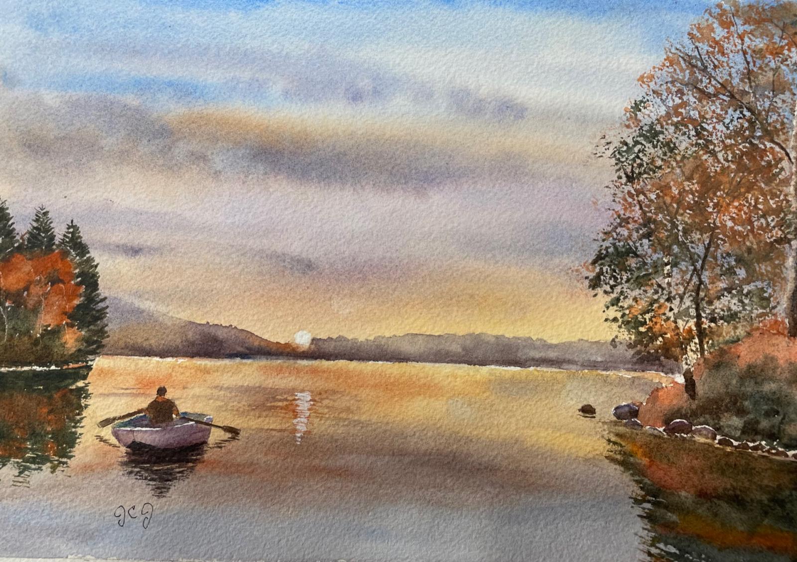 Art of river with sunrise and person in rowboat