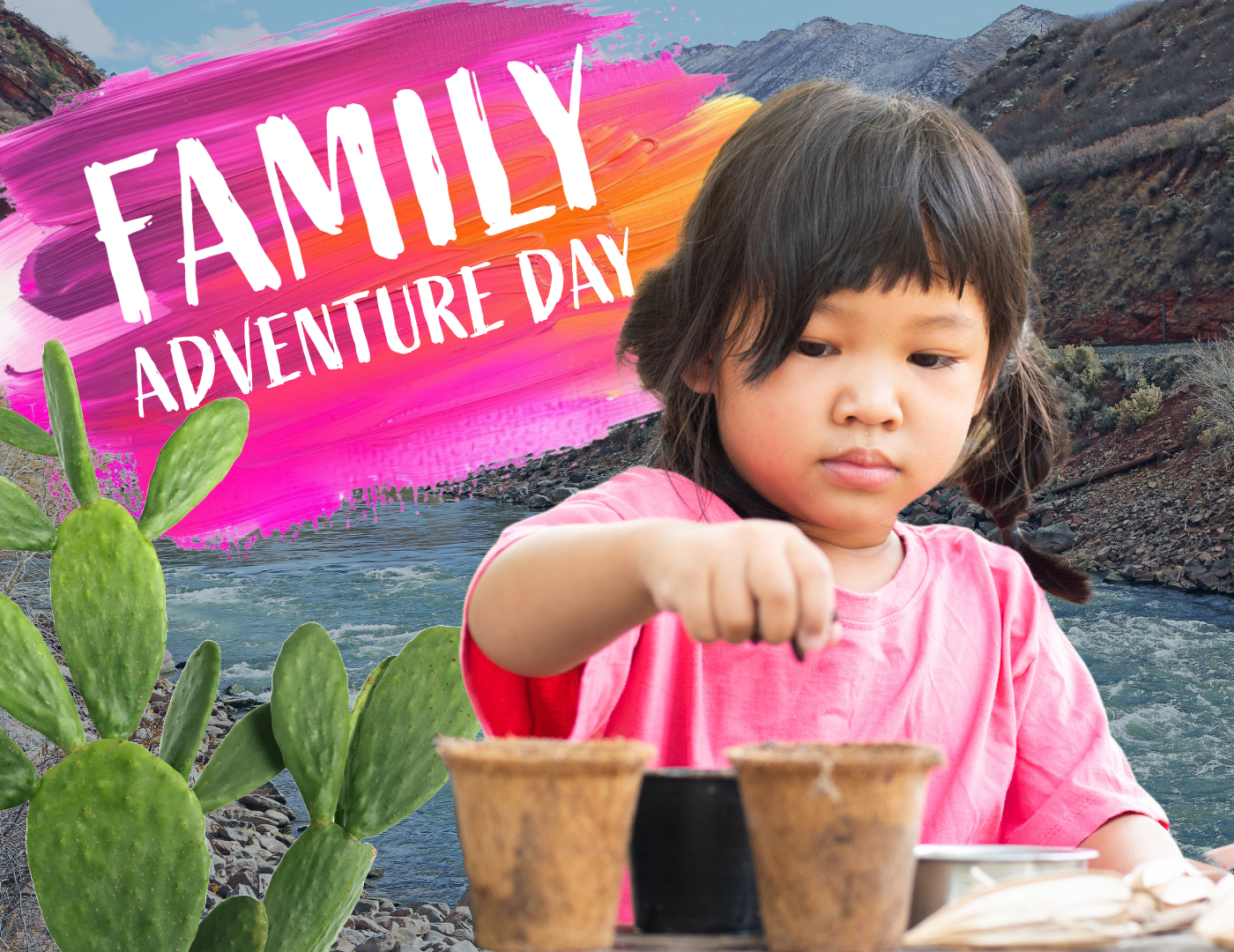 A child planting into a small pot, a cactus and a river behind