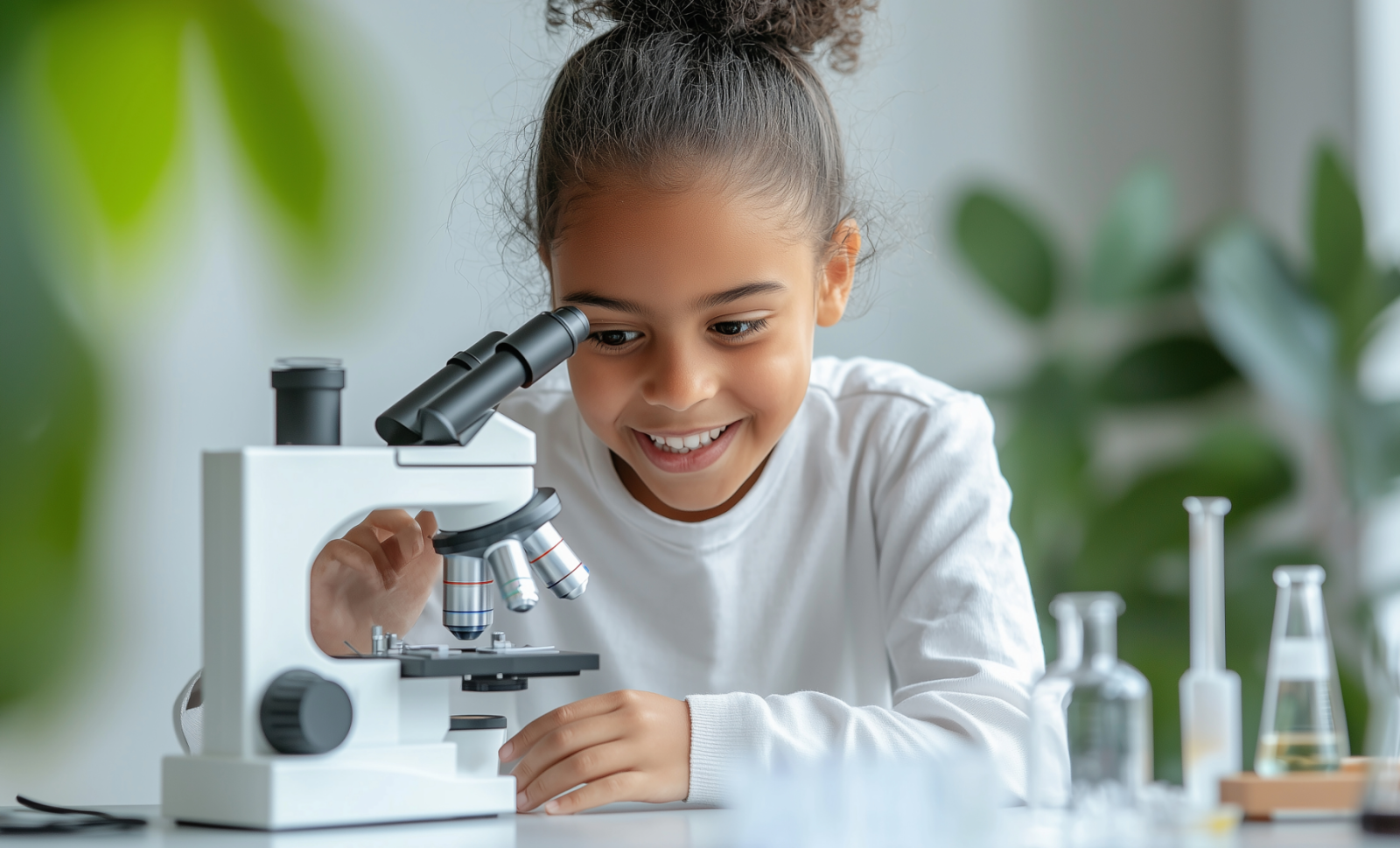 child looks at microscope smiling, plants in background