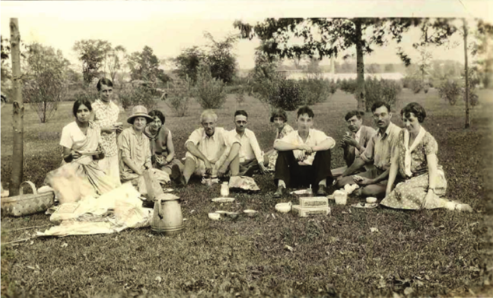 Picnic at Old Botanic Garden, Ann Arbor. 8 June 1929. Janaki (left extreme), Eileen Erlanson and Frieda Blanchard among others. 