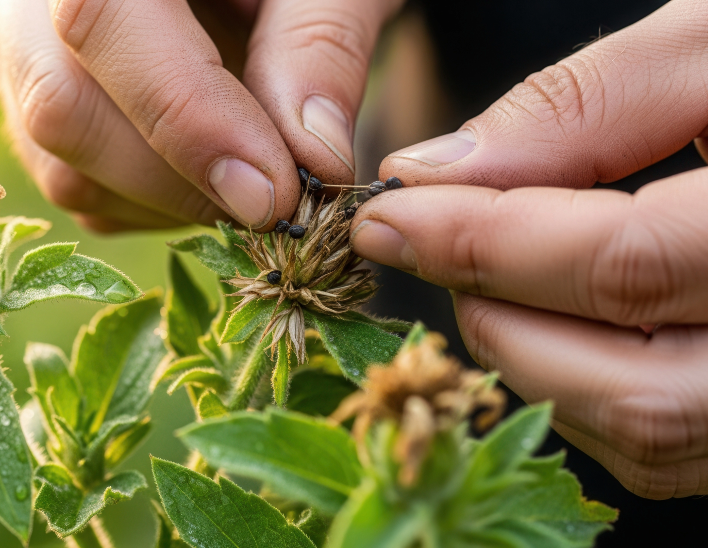 hands gathering seeds from a plant