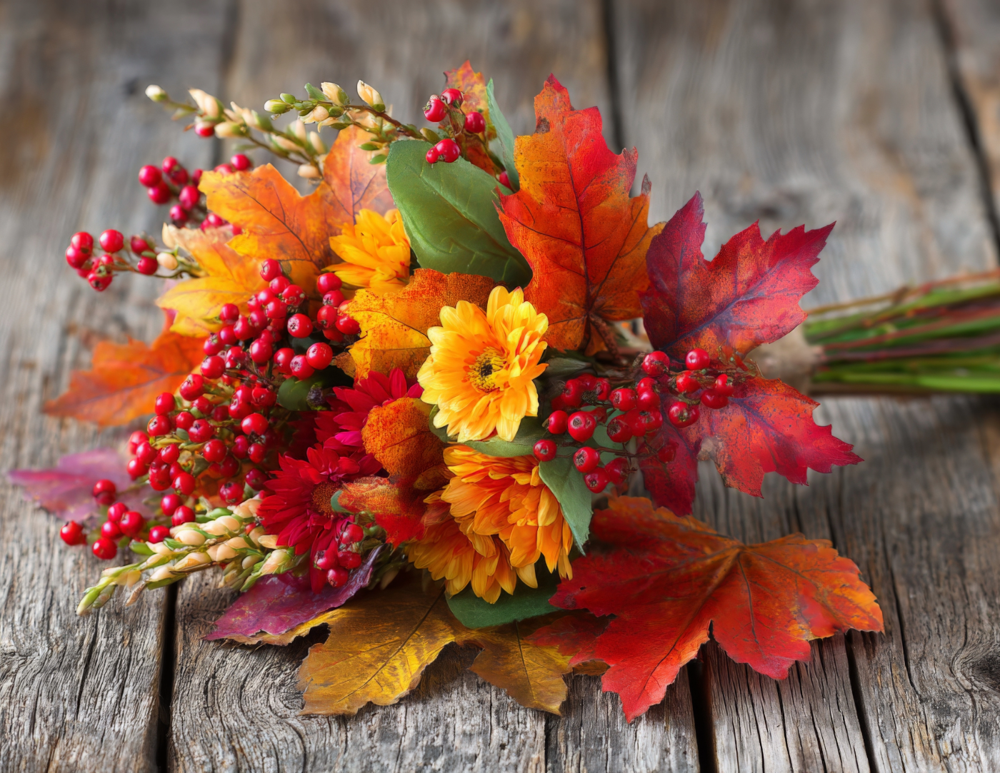 bouquet of leaves, berries and fall flowers 