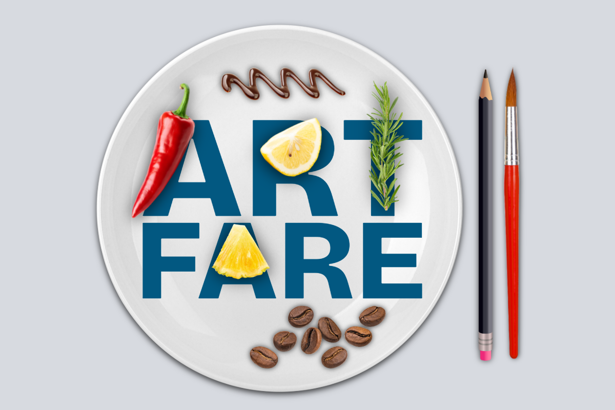 Plate with words Art Fare on it, a pepper, lemon, pineapple and coffee beans.  Next to the plate is a pencil and paintbrush where the utensils might typically be