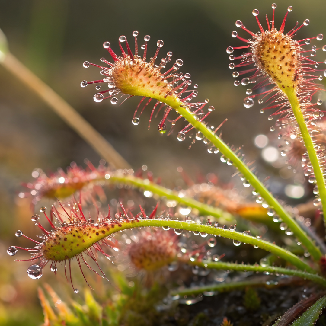 sundew plants with dew drops along tis spiky body