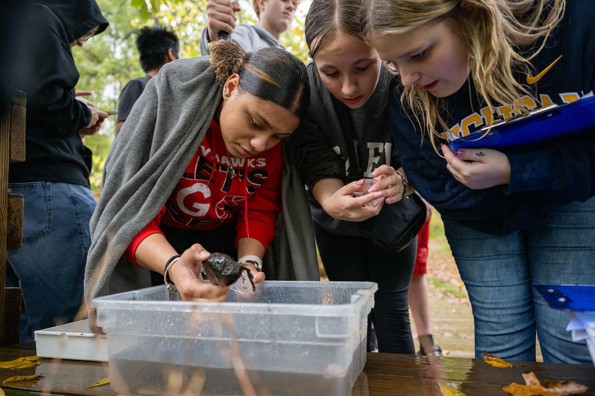 three teens gather around a clear plastic bin filled with water as one holds a small rock