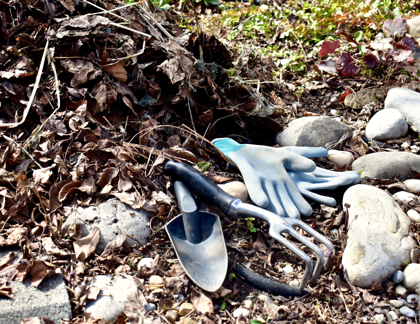 Garden gloves and trowel on ground next to a pile of dead leaves
