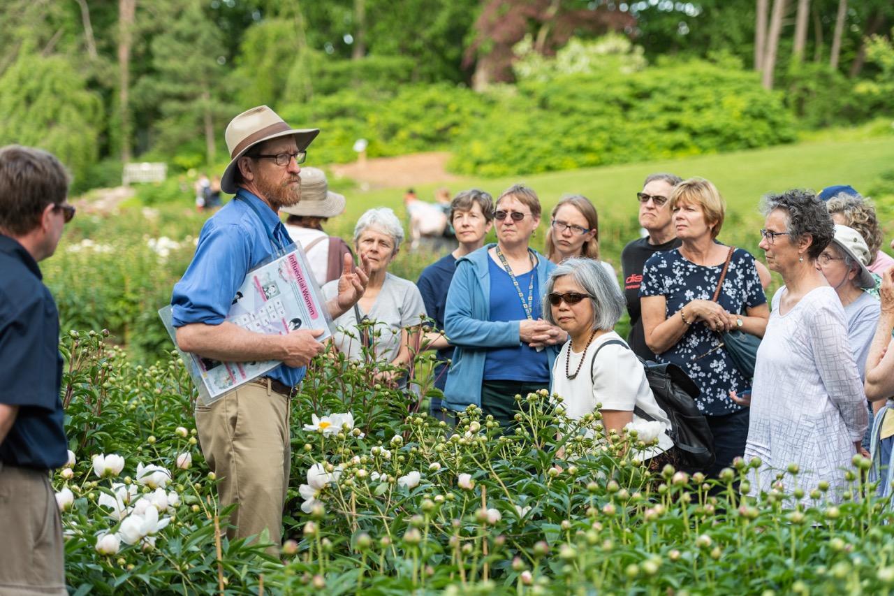 People listening to someone talk about peonies while in the peony garden