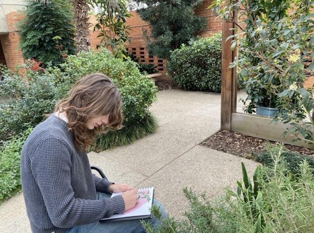 student drawing in Matthaei Botanical Gardens conservatory 
