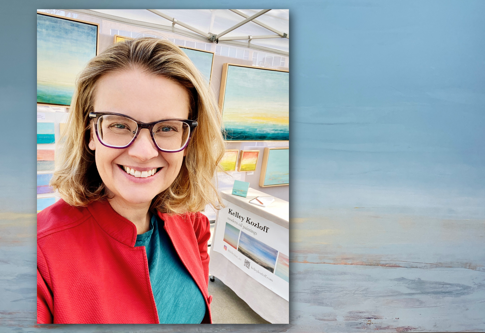 Kelly Kozloff headshot added on an art piece she created