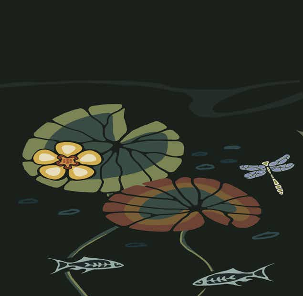 artwork of lily pads and fish and dragon flies