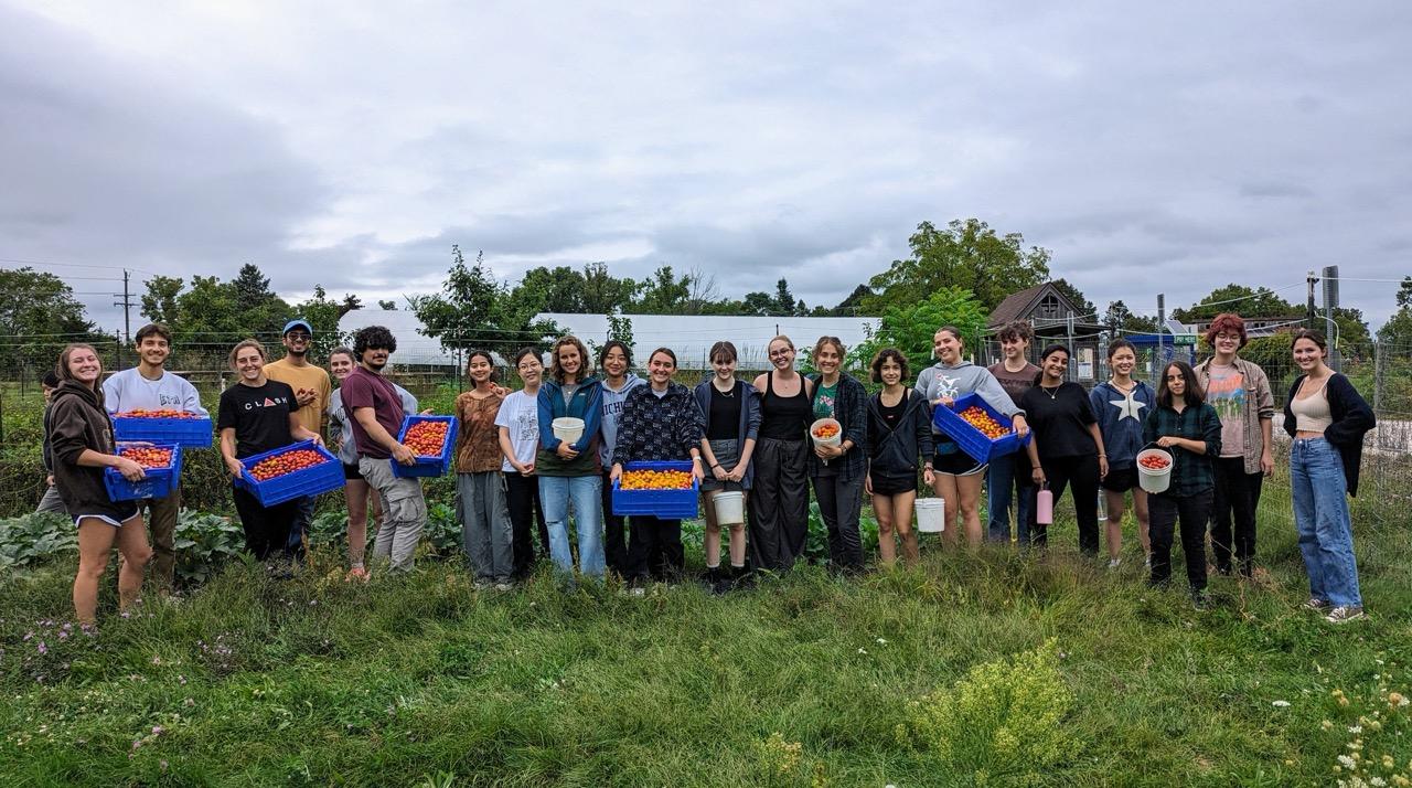 Group of students at the Campus Farm, some holding crates of tomatoes