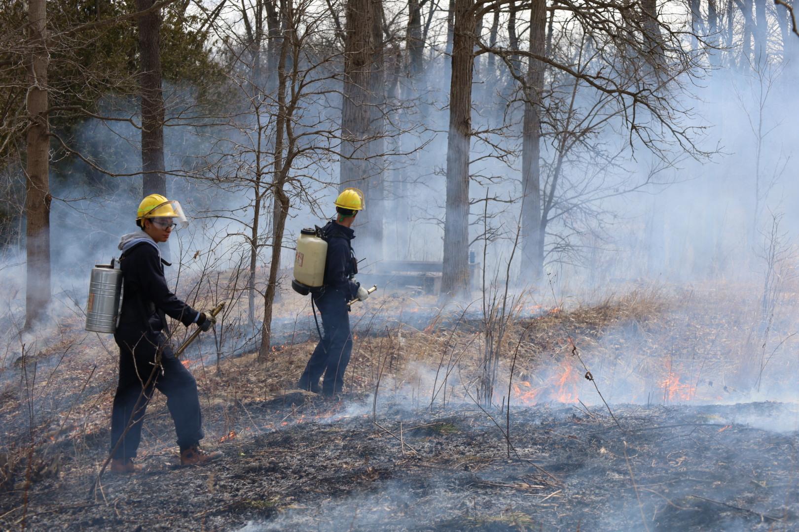 two people working a controlled burn at Matthaei