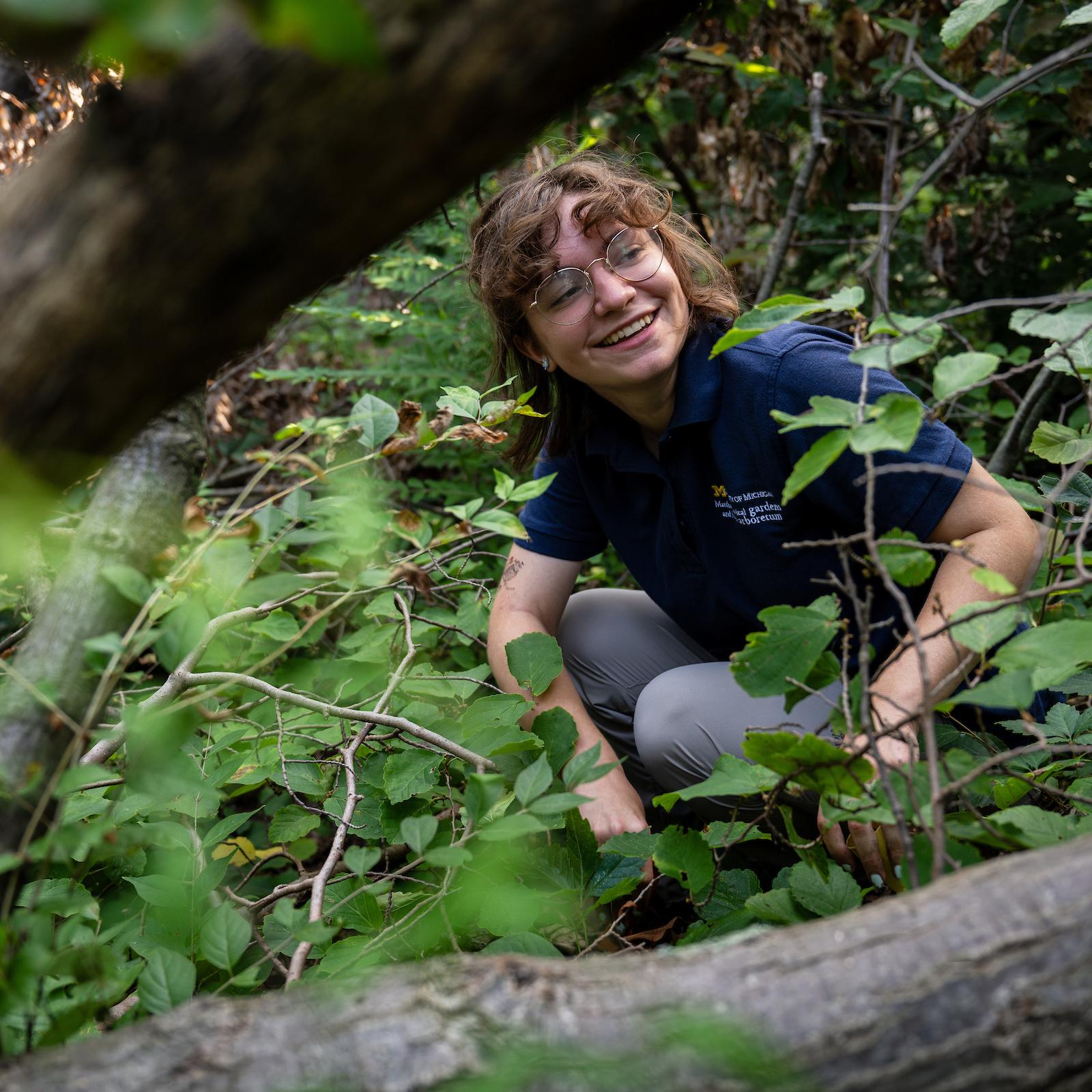 Smiling internet crouched in low-lying greenery