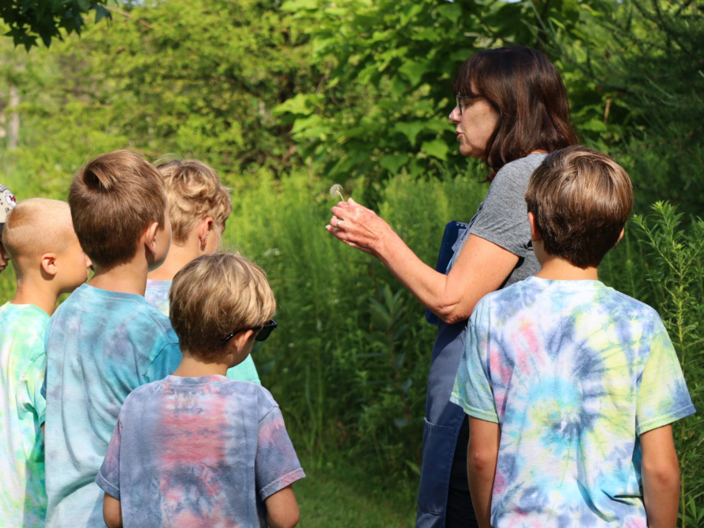 Docent educator showing a plant to a group of children