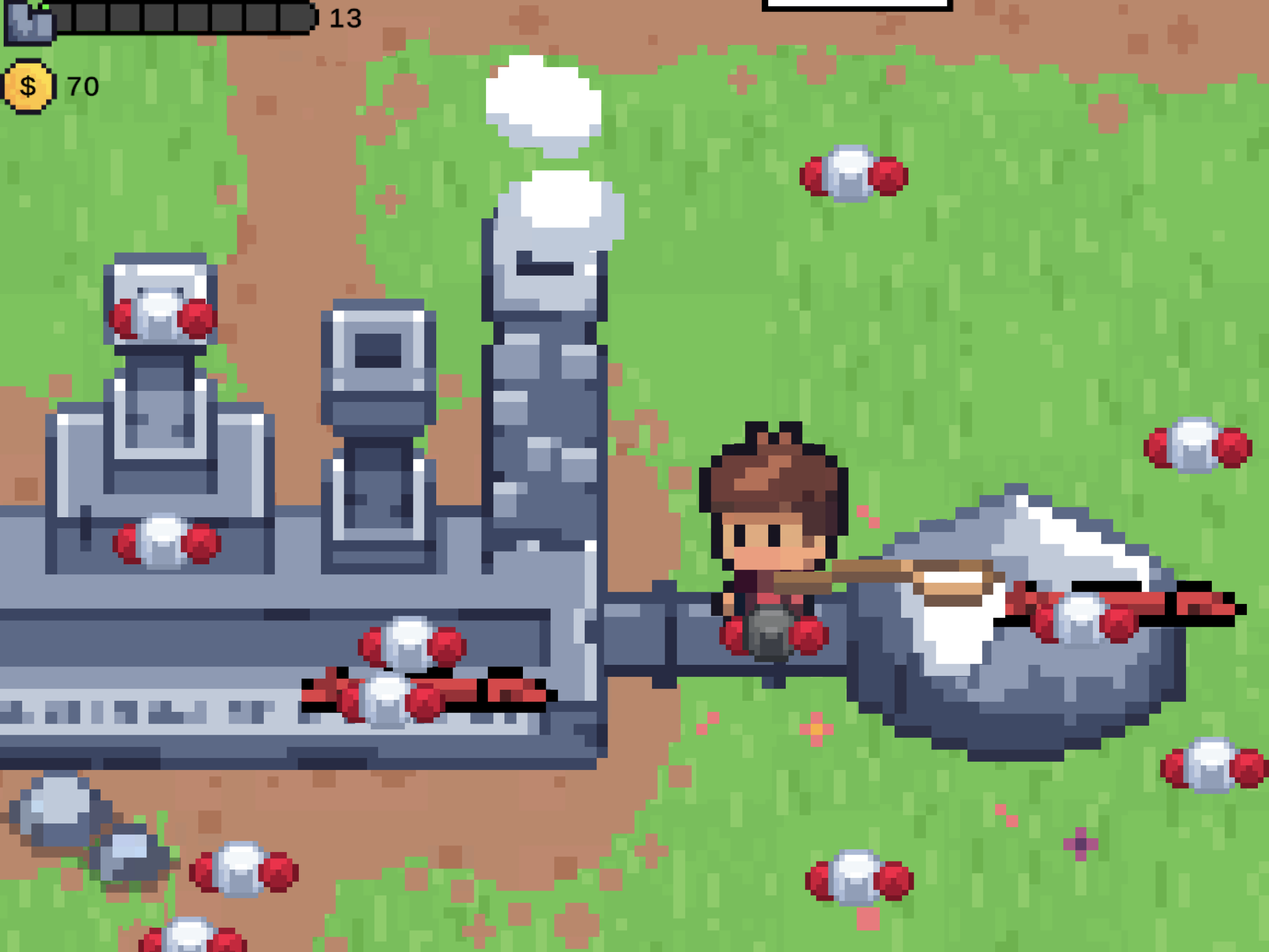 Screenshot of video game shows person with net by factory illustrated in pixilated cartoon