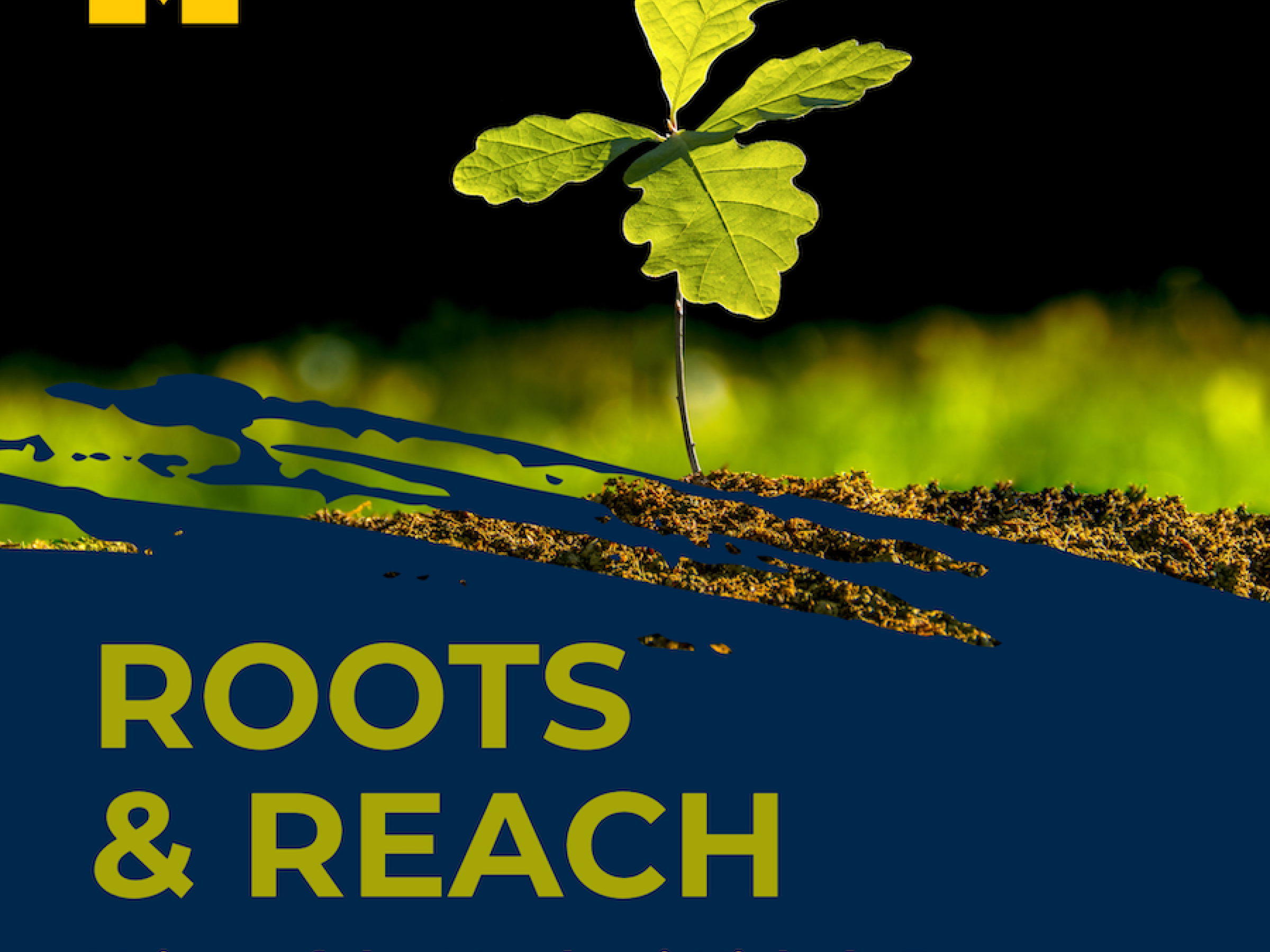 graphic with a photograph of an oak seedling, text overlay reads "Roots and Reach Voices of the Matthaei-Nichols Ecosystem"