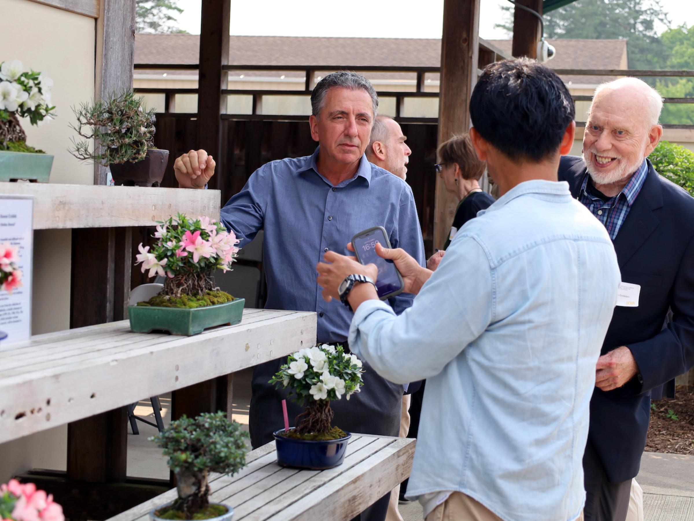 group of three people admire bonsai trees