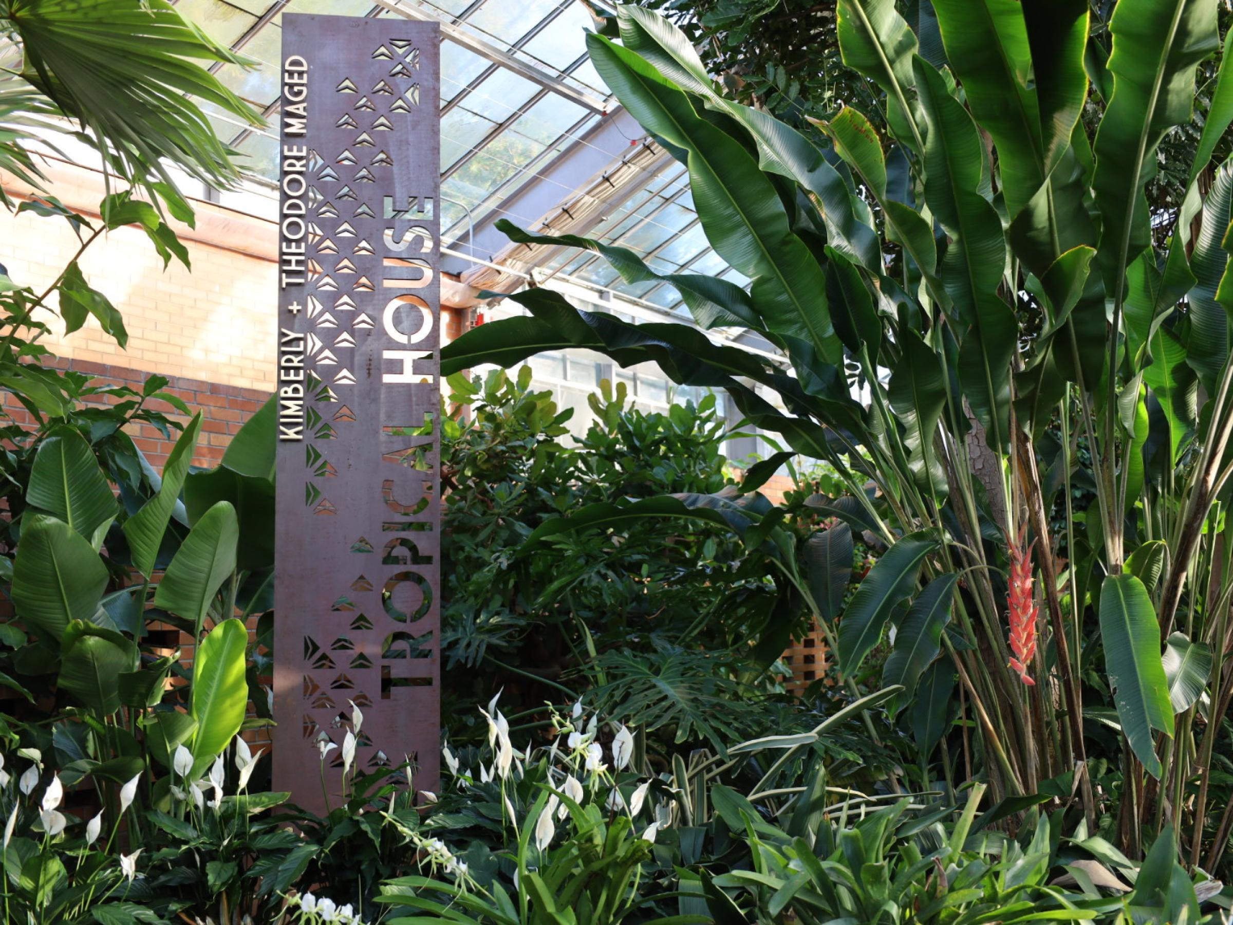 Tall sign in tropical house that says "Kimberly and Theodore Maged Tropical House