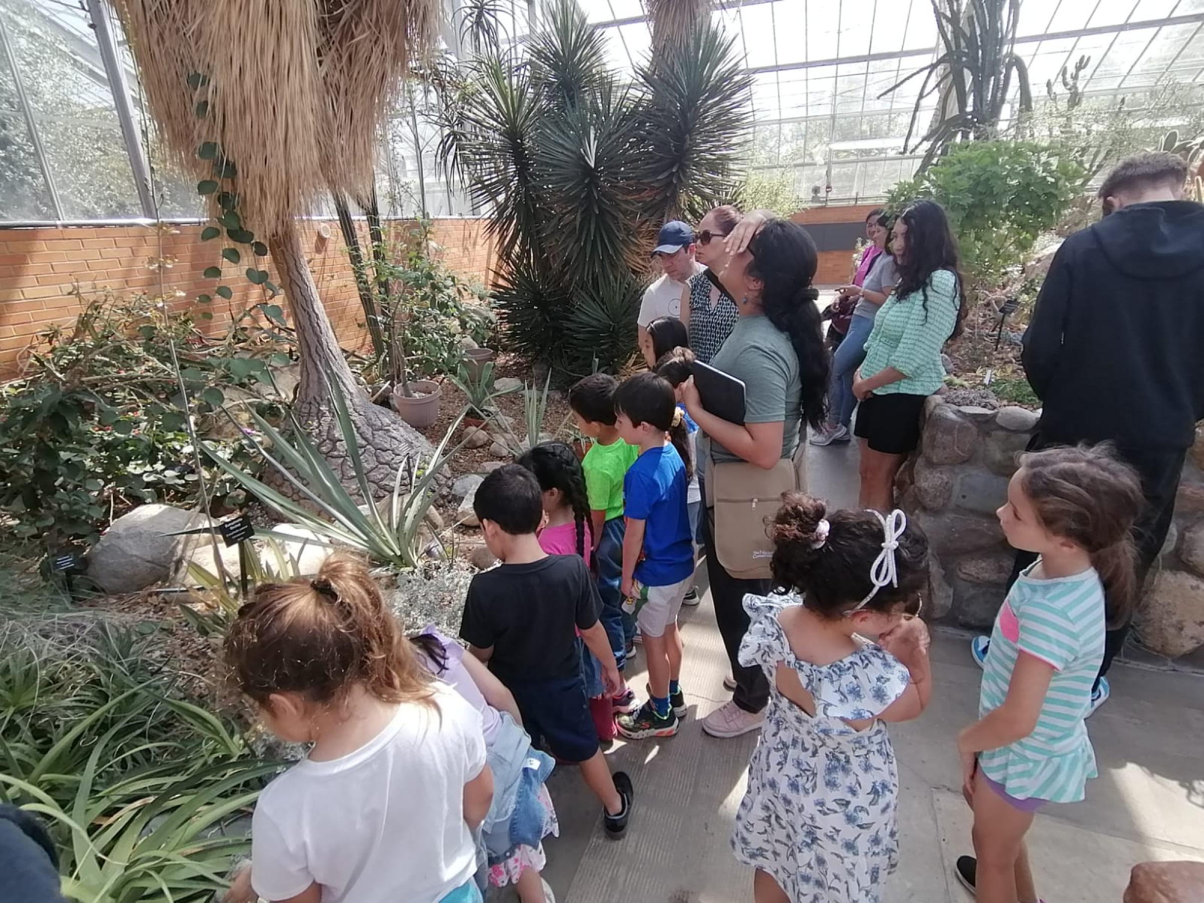 kids and families look at plants in arid house