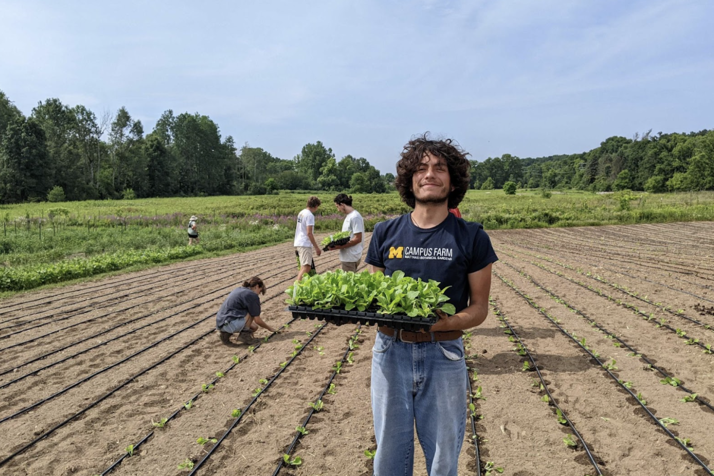 Intern holding a tray of plants
