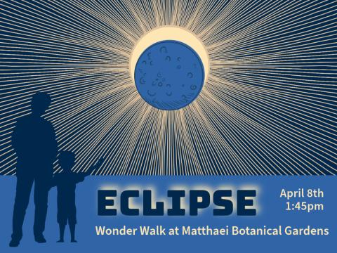 Eclipse wonder walk graphic shows eclipse and silhouette of adult and child looking at it