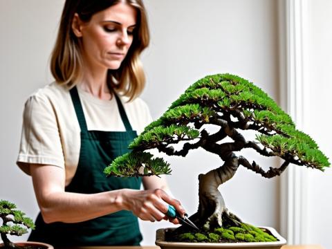 person in green apron trims roots of bonsai