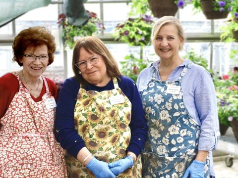 three women in aprons smile with plants behind them