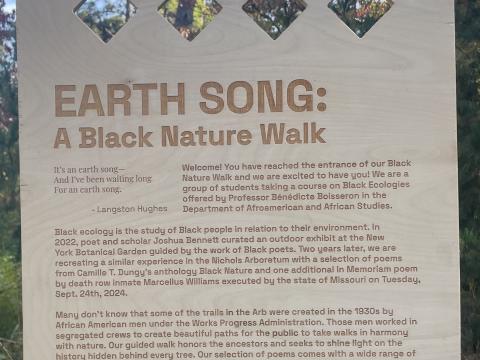 wooden sign for Earth Song: A Black Nature Walk exhibit