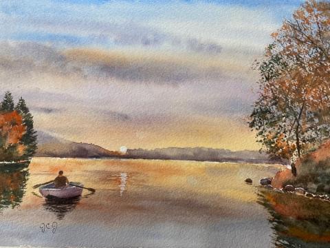 Art of river with sunrise and person in rowboat