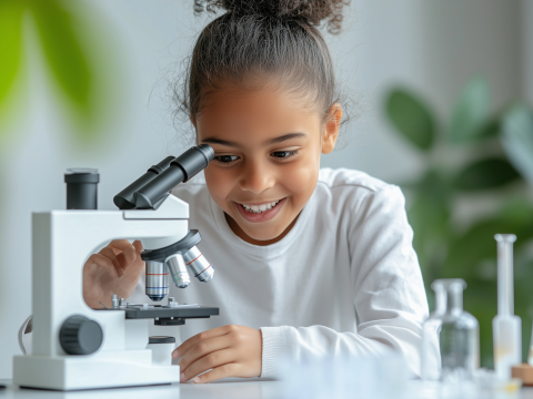 child looks at microscope smiling, plants in background