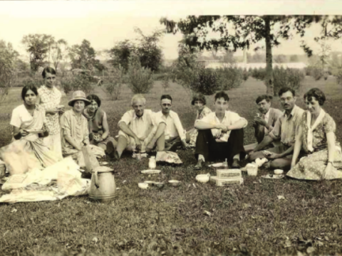 Picnic at Old Botanic Garden, Ann Arbor. 8 June 1929. Janaki (left extreme), Eileen Erlanson and Frieda Blanchard among others. 