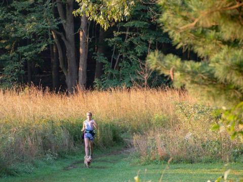person walking dog in Nchols Arboretum