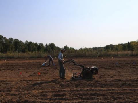 two people working in a farm field