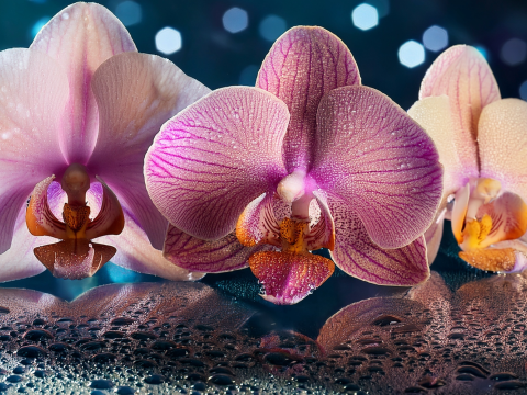 three purple orchid flowers on a table