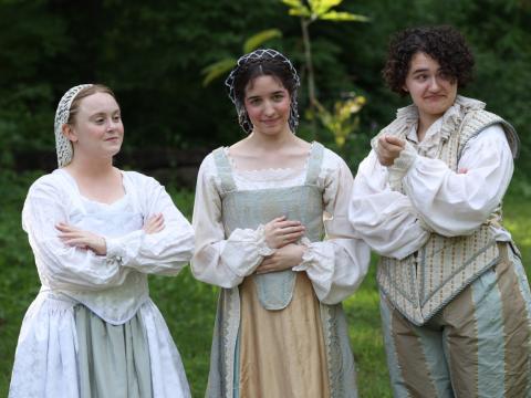 three actors in the Arboretum in shakespeare style clothing