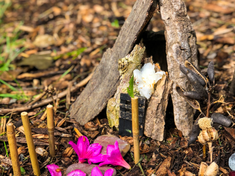 small child made fairy house from bark and flowers