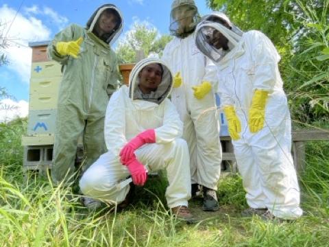 four people in bee keeper suits