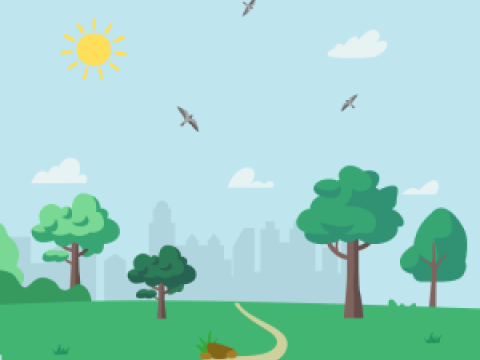 A trail cuts through a grassy area with trees. There is a city skyline in the background, and the sky has clouds and birds.