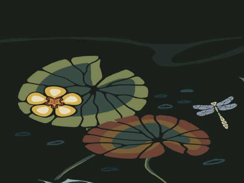 artwork of lily pads and fish and dragon flies