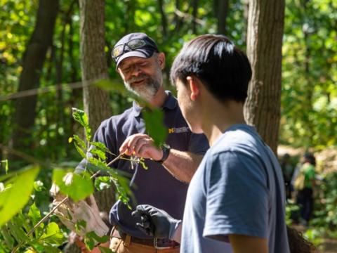 two people in the arb look at a plant