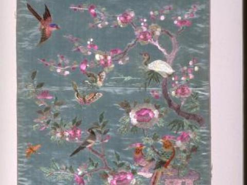 Artwork depicting birds among peonies