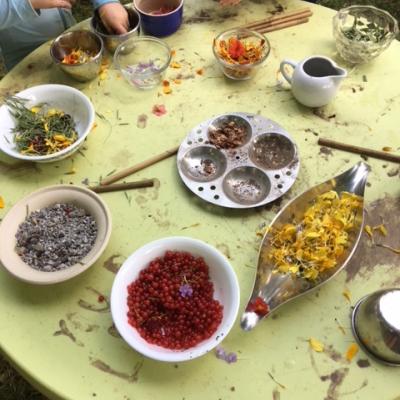 A child sized table with many bowls with a variety of natural materials.  Small hands hold bowls 