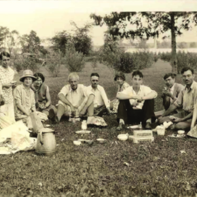 Picnic at Old Botanic Garden, Ann Arbor. 8 June 1929. Janaki (left extreme), Eileen Erlanson and Frieda Blanchard among others. 