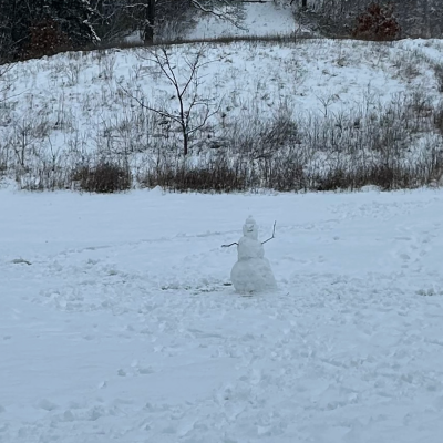 A snow person in the Arboretum